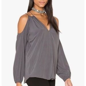 Ramy Brook Gigi Cold Shoulder Gray Silver Cut Out 100% silk Blouse size Small
